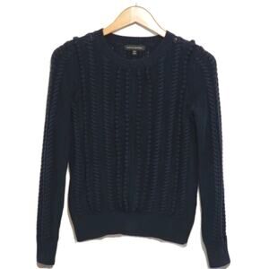 Banana Republic Cable Knit Pom Pom Crew Neck Navy Blue Pullover Sweater Size XS